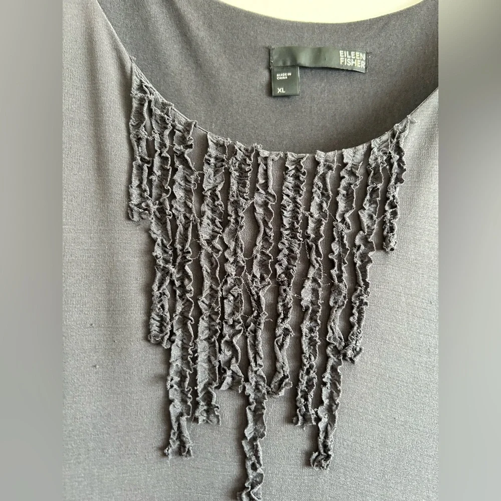 EILEEN FISHER Scoop-neck Stretch Silk Jersey Dark Gray Ruffled Dress Sz XL - Picture 4 of 9
